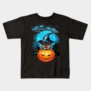 Rottweiler Witch Hat Pumpkin And Blue Moon Halloween Kids T-Shirt